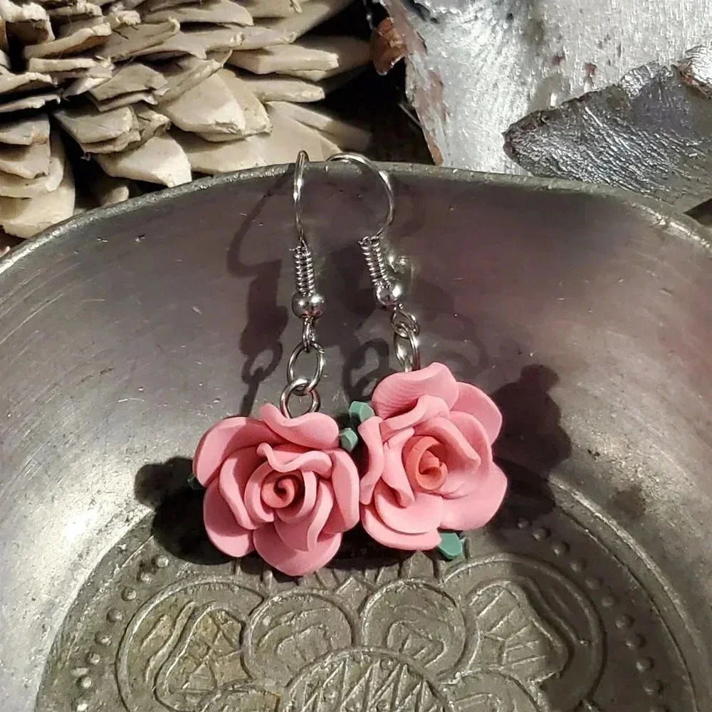 Handcrafted Fimo Polymer Clay Pink Rose Flower Bead Dangle Earrings